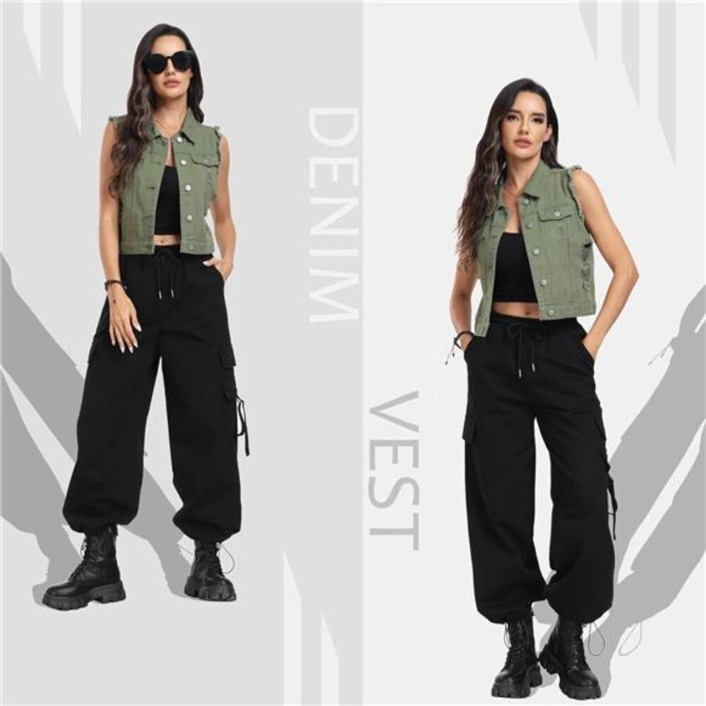 New Women's Cropped Distressed Denim Vest – Ripped Sleeveless Jean Jacket with - Picture 2 of 5